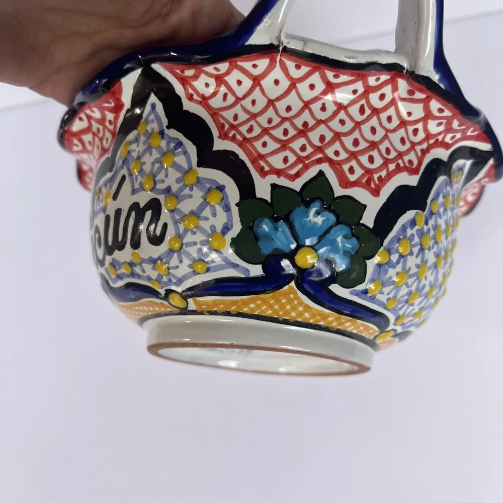 Mexican Talavera Hand Painted Bowl w/ Handles Lead Free Puebla 7